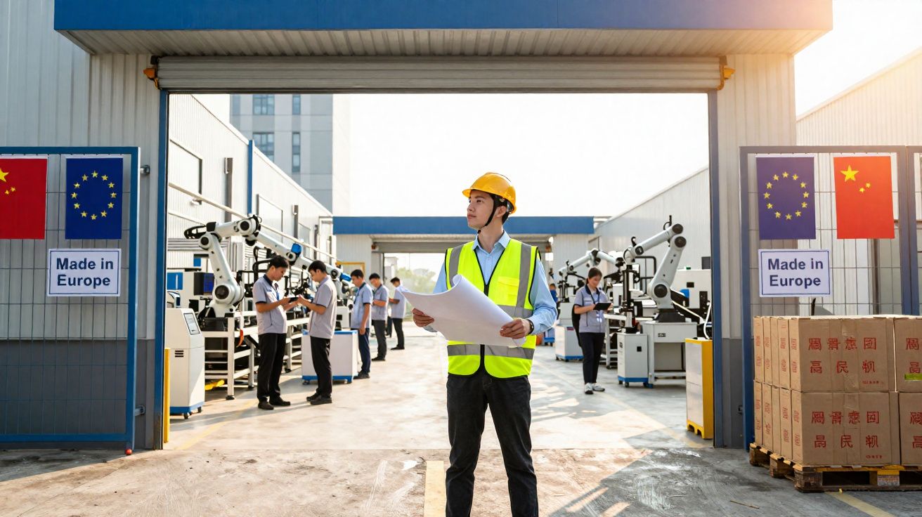 Homem com capacete e colete refletor em porta de fábrica com placas da UE e China, e trabalhadores ao fundo.