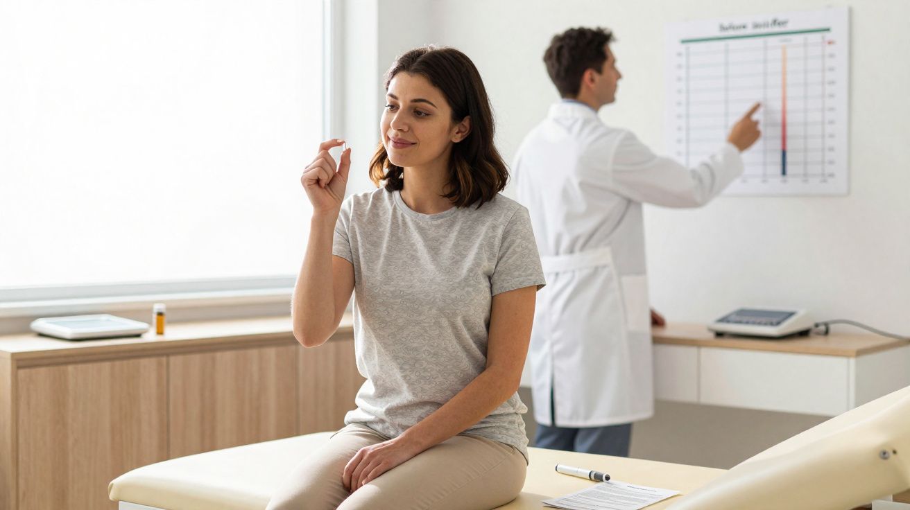 Mulher segurando uma pílula sentada numa mesa de clínica, médico de branco ao fundo apontando para gráfico.