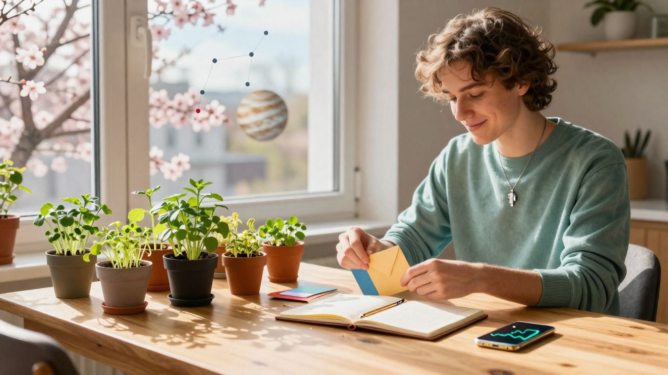 Jovem sentado à mesa com plantas e livros, a sorrir enquanto escreve numa carta.