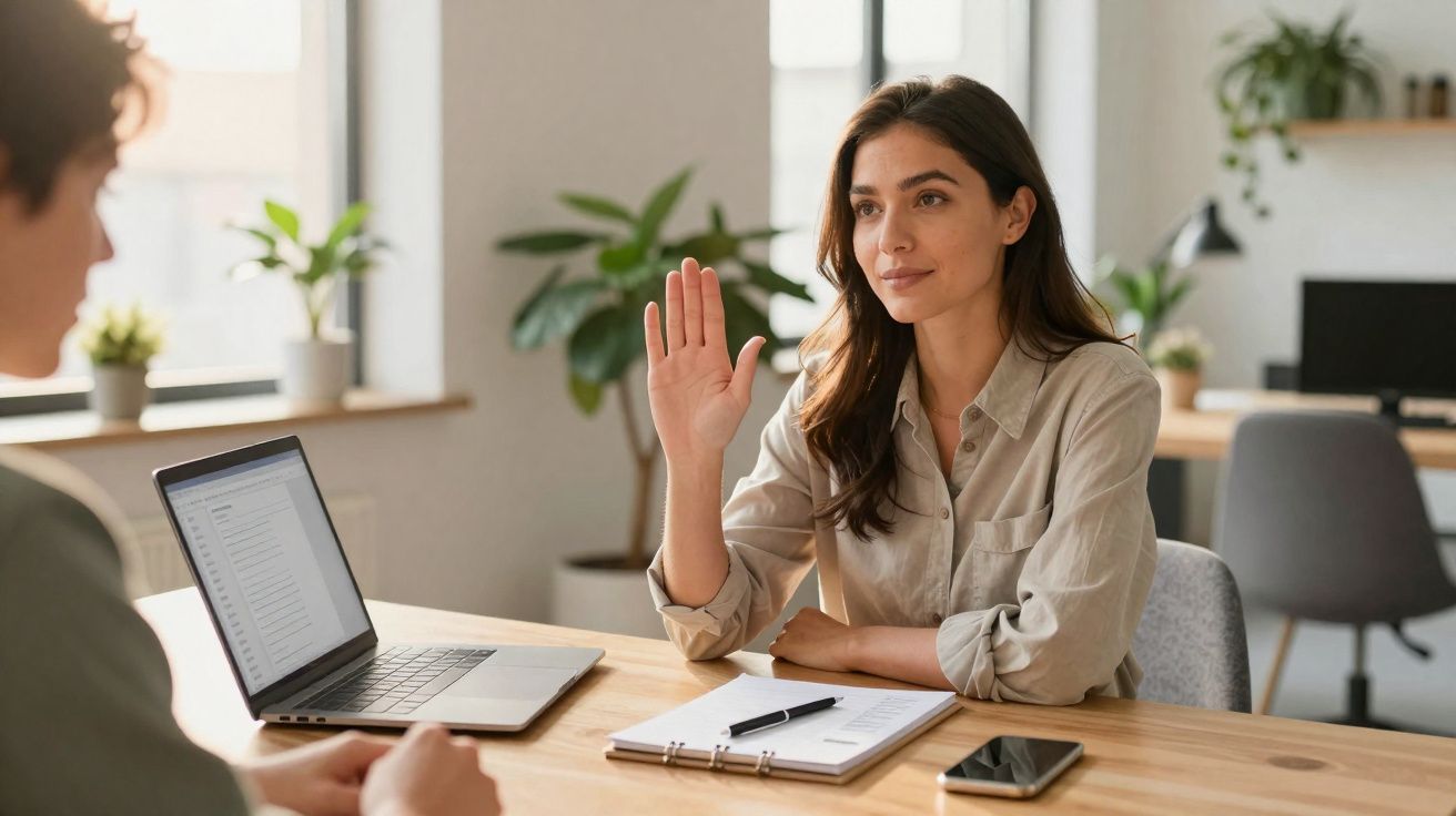 Mulher levantando a mão durante uma reunião de trabalho em escritório moderno e iluminado.