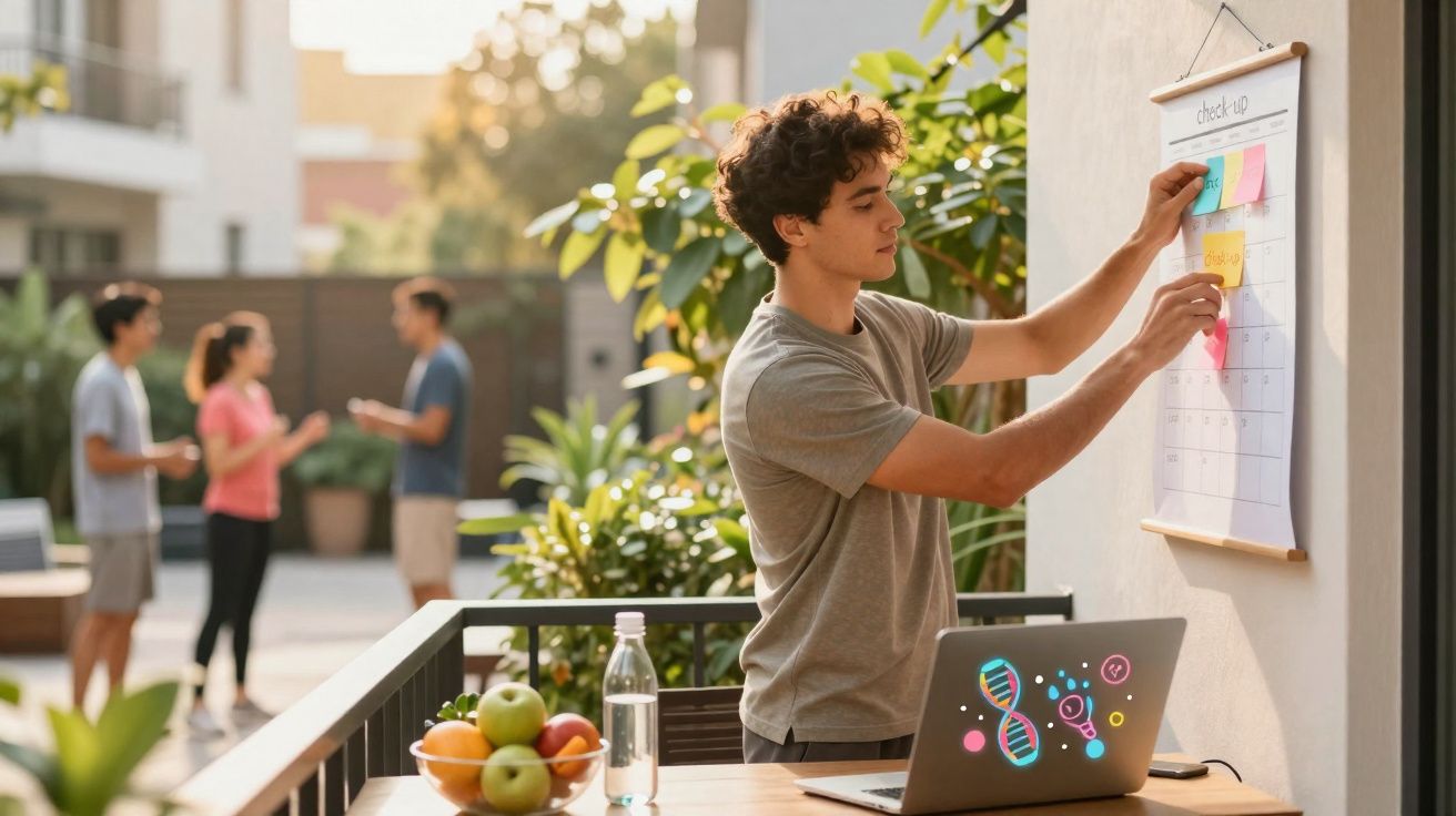 Jovem coloca notas autocolantes num calendário exterior, com laptop e fruta numa mesa ao lado.