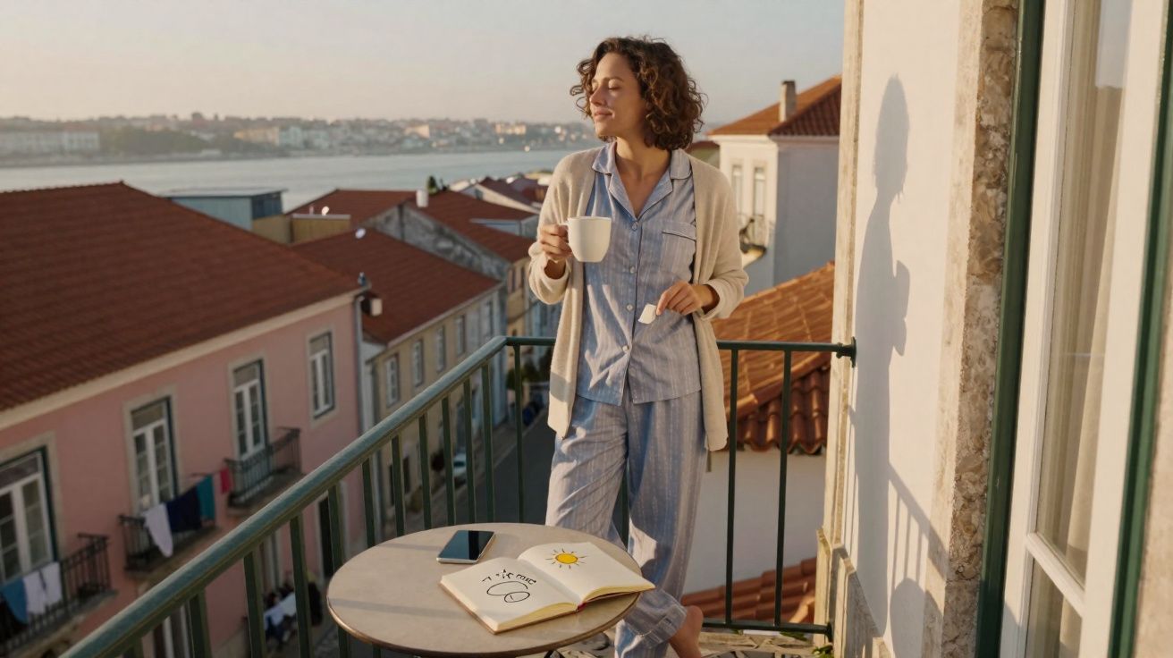 Mulher de pijama a beber chá numa varanda com vista para casas e rio ao amanhecer.