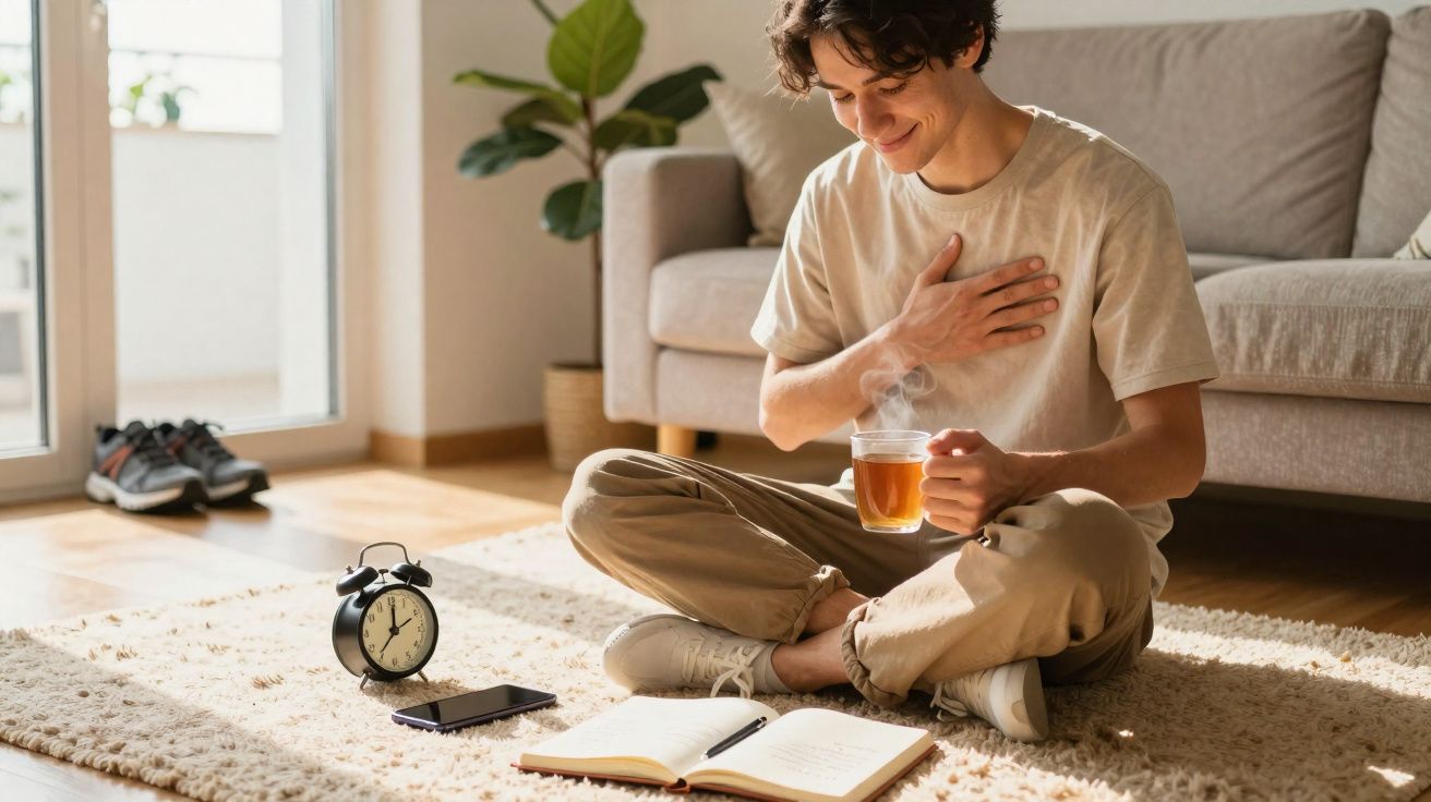 Homem sentado no chão a beber chá quente, sorrindo, com livro, telemóvel e despertador numa sala acolhedora.