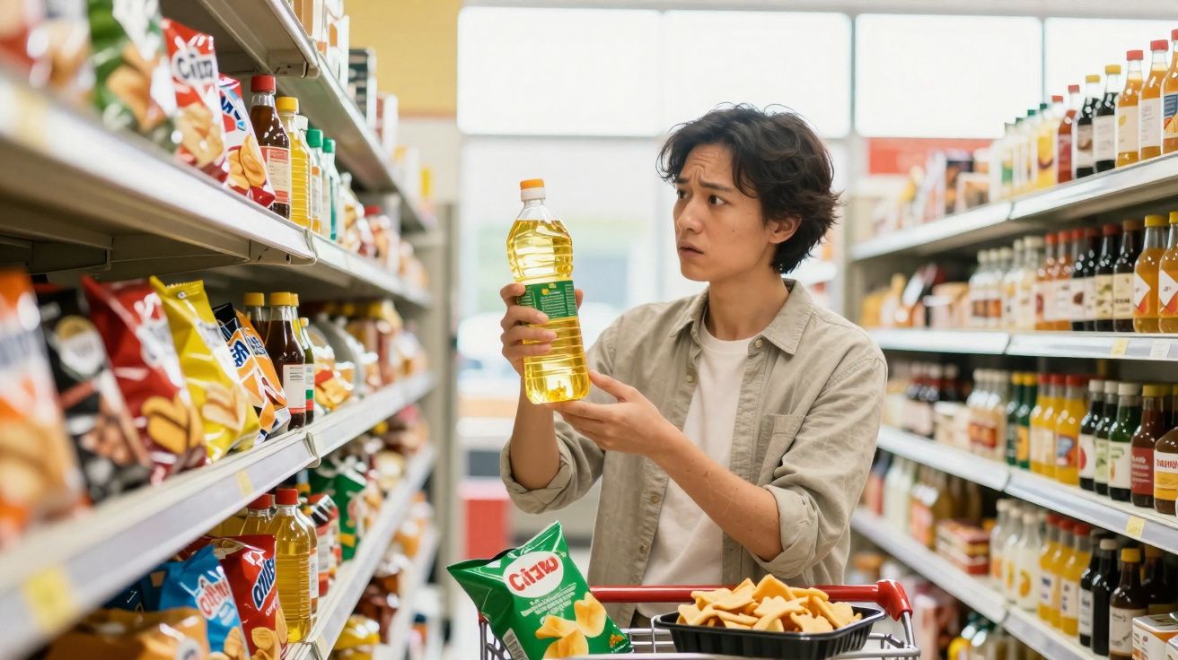 Pessoa jovem a analisar uma garrafa de óleo numa prateleira de supermercado, com carrinho cheio de compras.