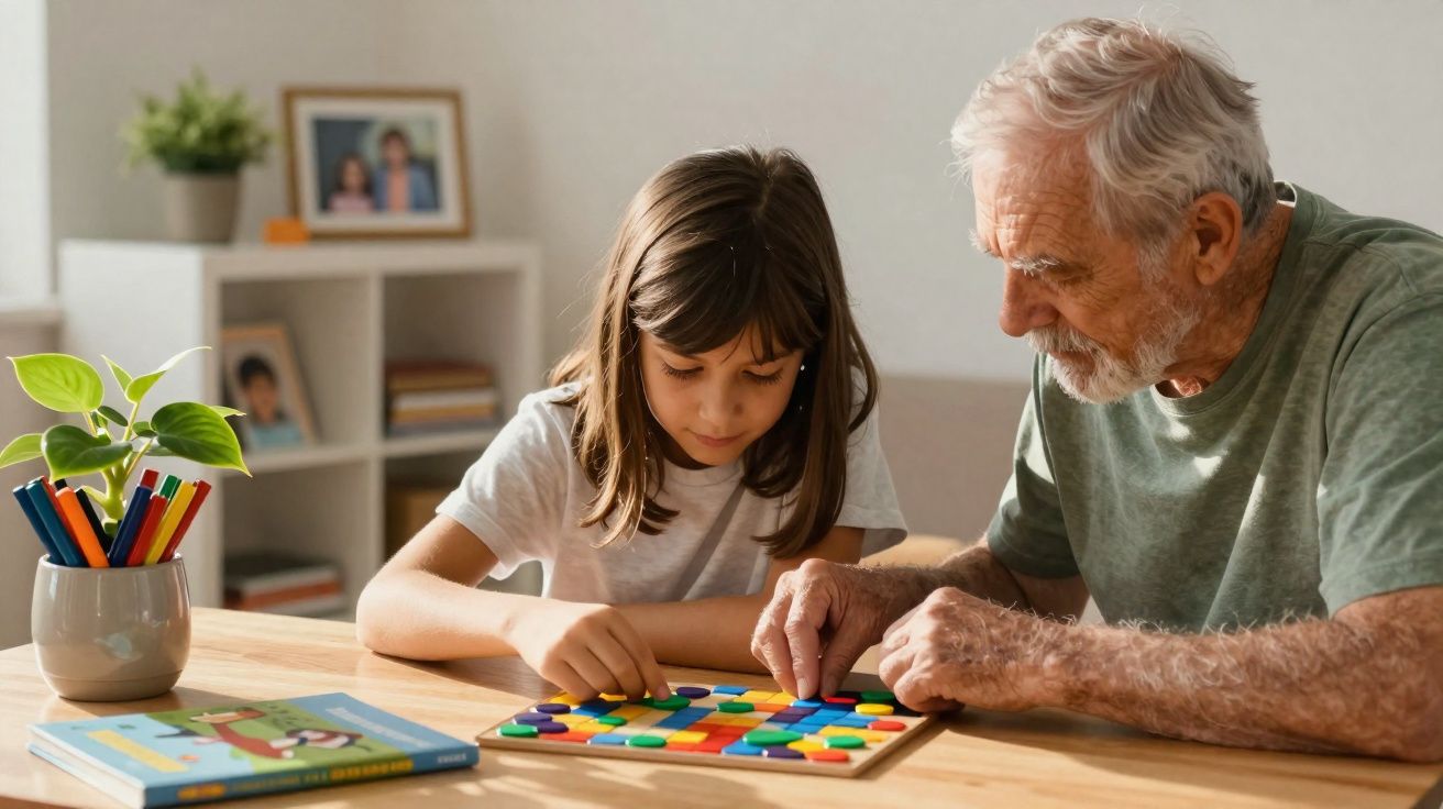 Avô e neta a jogar um jogo de tabuleiro colorido numa mesa de madeira em casa.