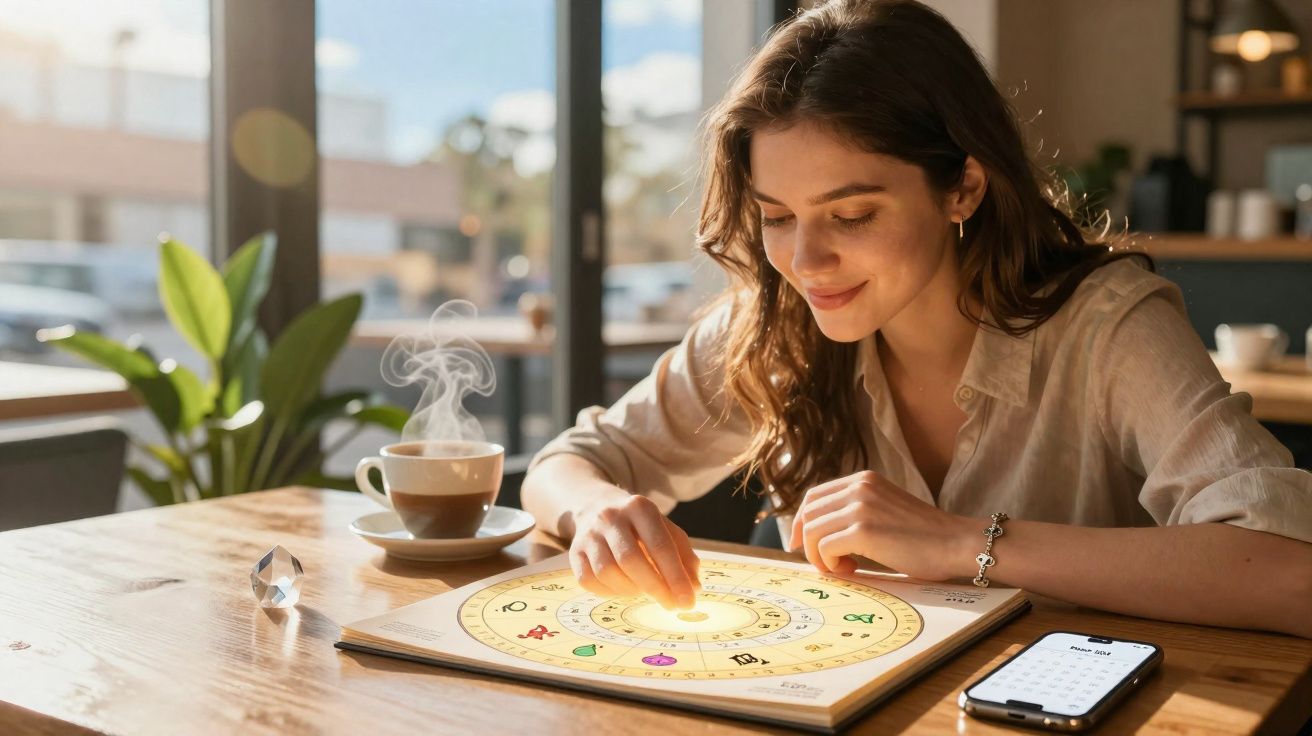 Mulher sentada numa mesa de café a usar um tabuleiro iluminado com símbolos do zodíaco, com um telefone e chá.