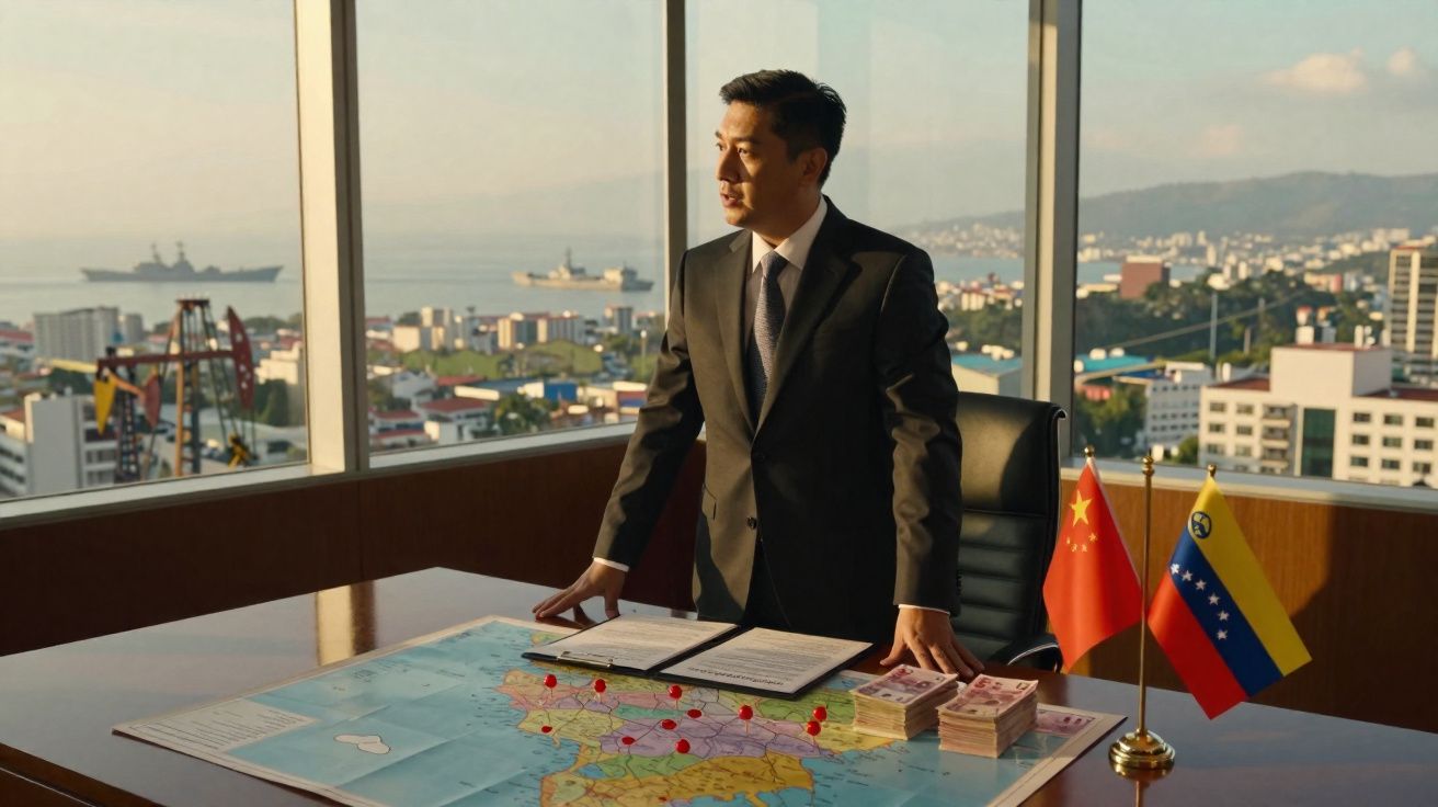 Homem de fato num escritório com mapa, notas de dinheiro e bandeiras da China e Venezuela numa mesa.