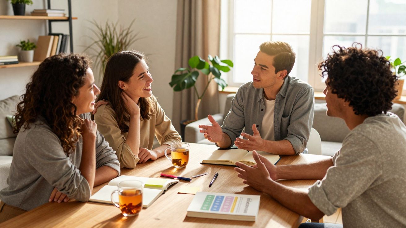 Quatro jovens reunidos à volta de uma mesa a discutir e a beber chá, com cadernos e canetas.