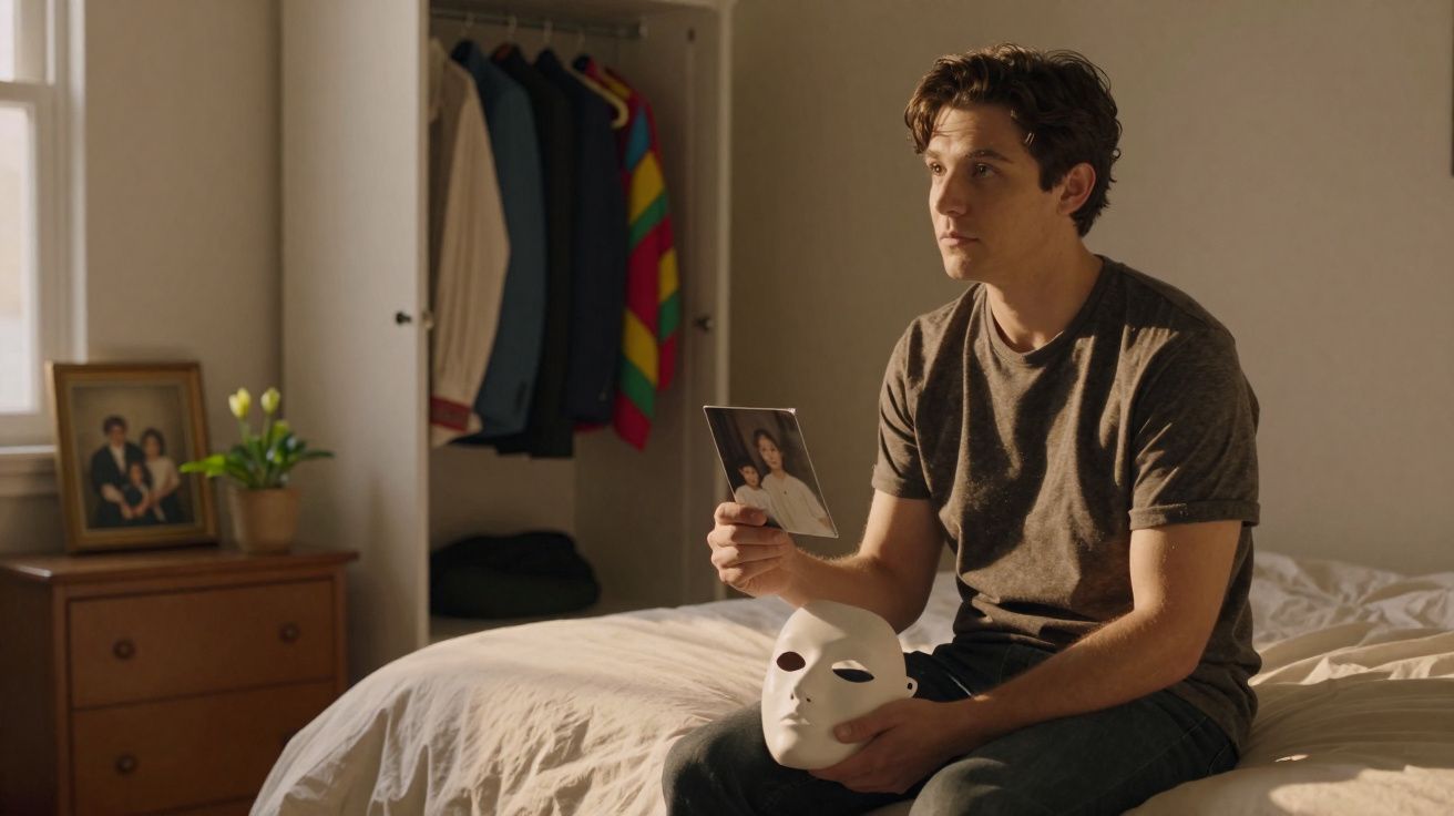 Jovem sentado na cama a segurar uma máscara branca e uma fotografia, com armário e móvel ao fundo.
