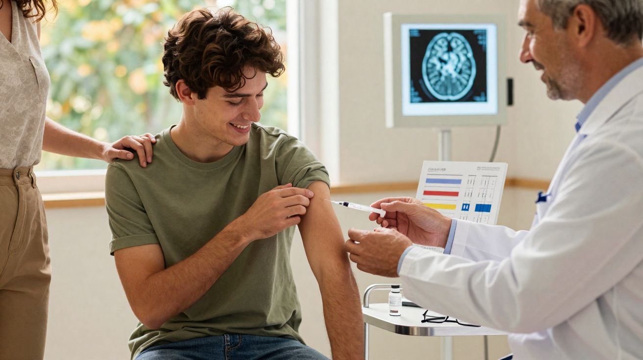 Jovem a receber vacina no braço de um médico num consultório, com outra pessoa a apoiá-lo.