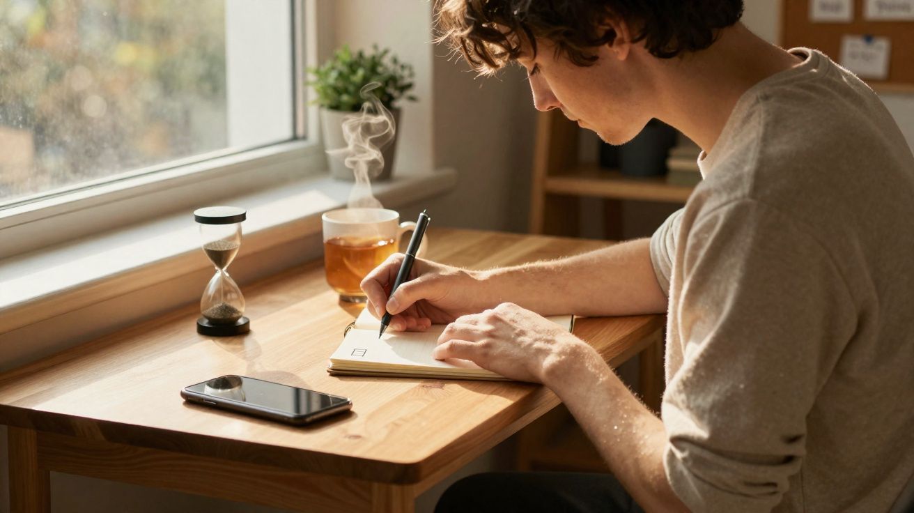 Jovem escreve num caderno numa secretária perto da janela com chá a fumegar e ampulheta ao lado.