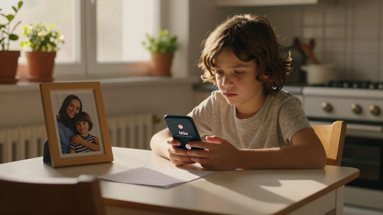 Criança sentada à mesa a olhar para telemóvel com fotografia de mãe e filho ao lado, em cozinha iluminada.