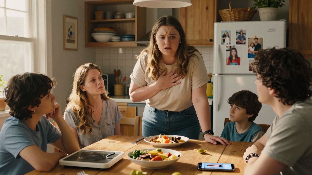 Mulher com expressão preocupada de pé na cozinha, rodeada por quatro pessoas sentadas à mesa.