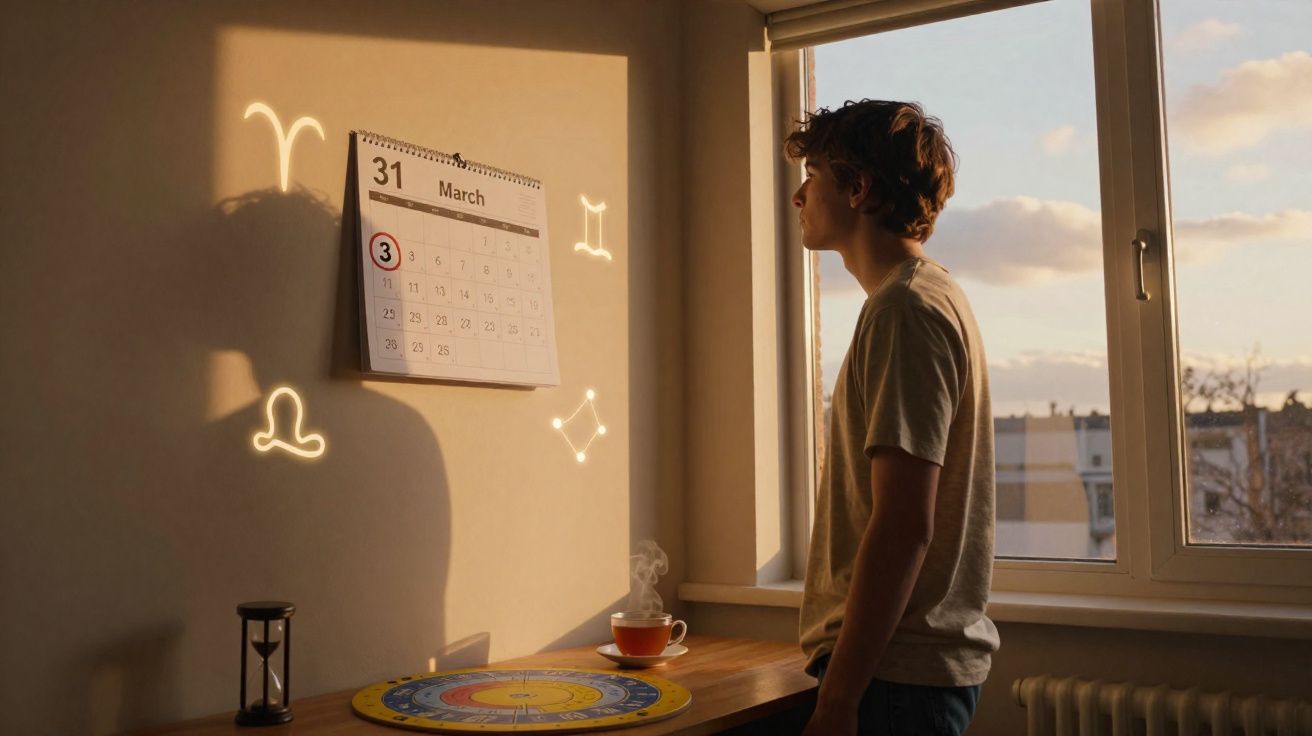 Jovem olha para calendário de março com símbolos de astrologia iluminados na parede ao pôr do sol.