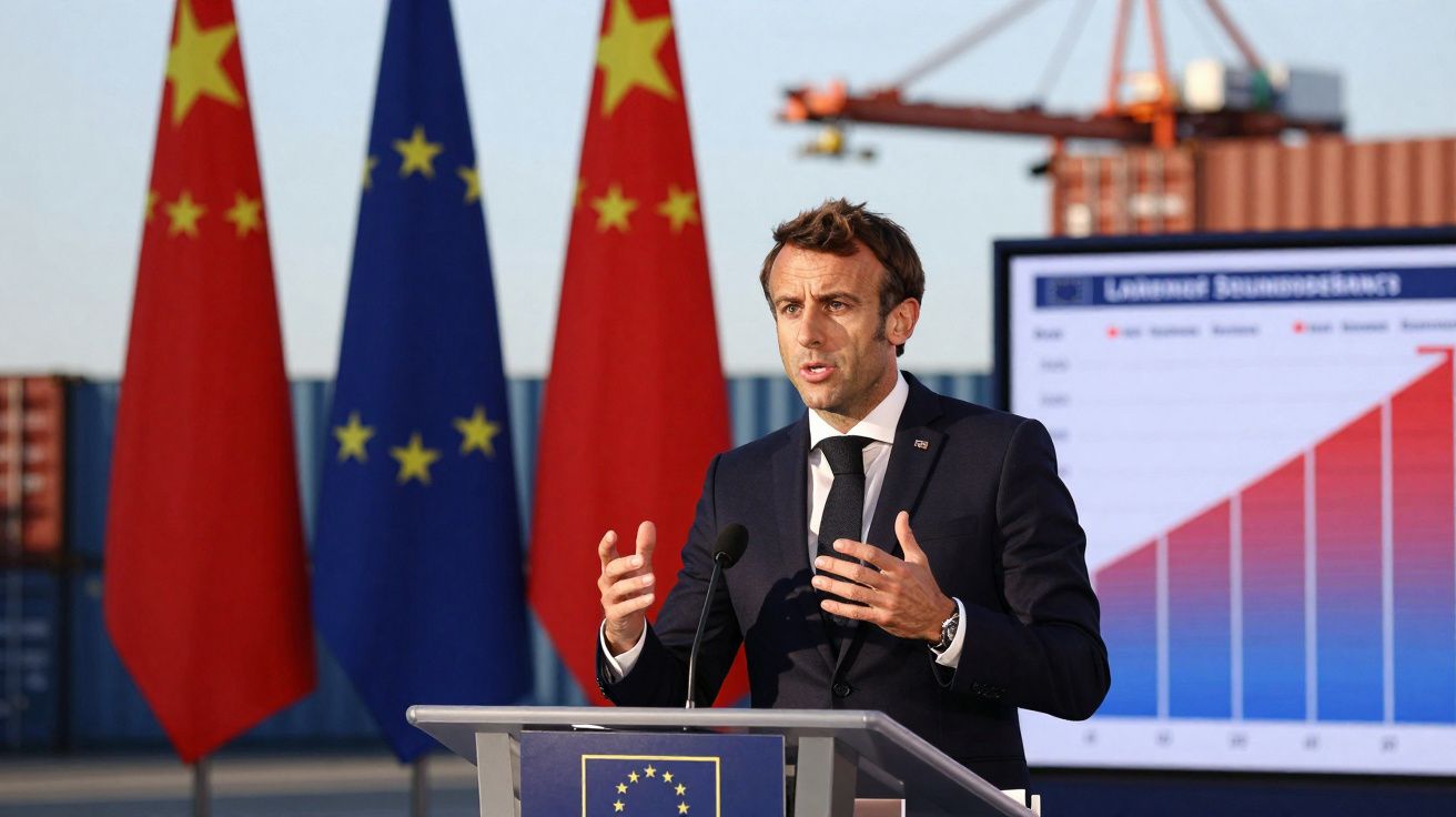 Homem em fato escuro fala num púlpito com bandeiras da China e Europa ao fundo e gráfico de barras em ecrã.