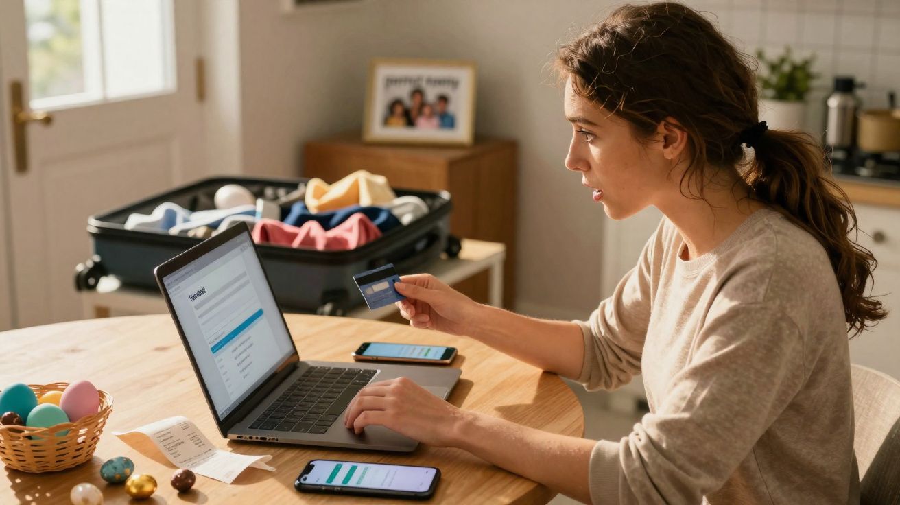 Mulher jovem sentada à mesa com computador e cartão de crédito, fazendo compras online numa sala iluminada.