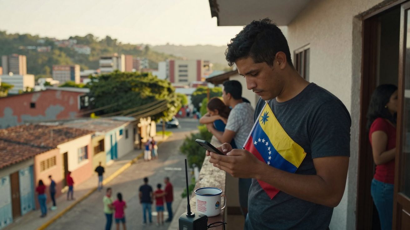 Jovem com t-shirt da Venezuela vê telefone numa varanda, com várias pessoas e casas ao fundo numa rua.