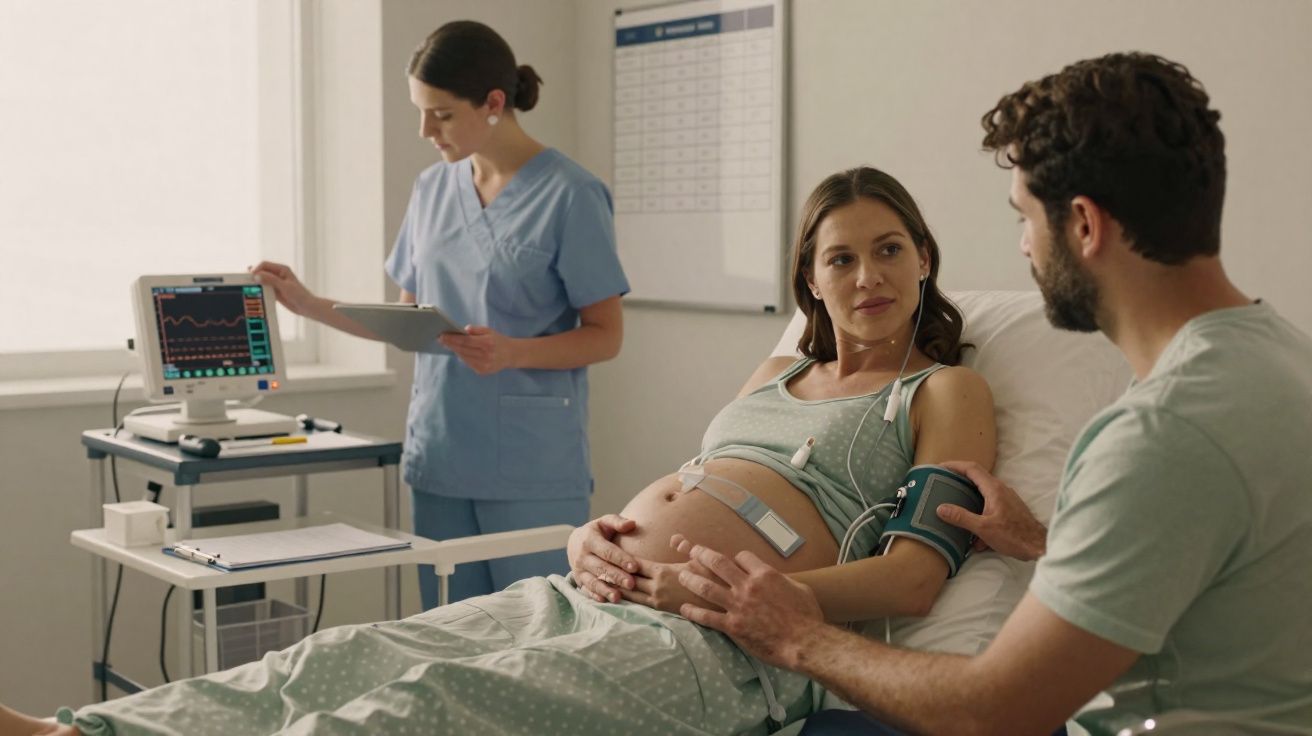 Grávida deitada numa cama hospitalar com monitorização, acompanhada por homem e enfermeira com prancheta.