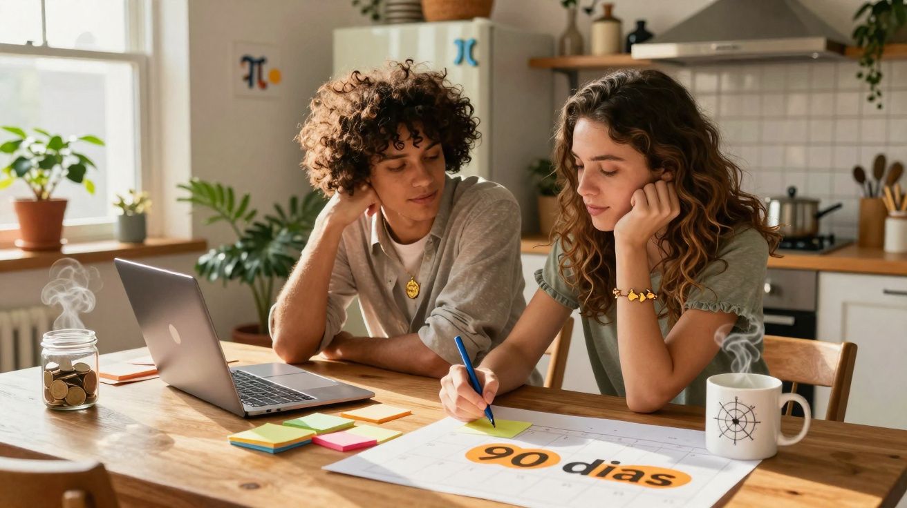 Casal jovem a planear uma agenda de 90 dias com laptop, post-its e chá quente numa cozinha iluminada.