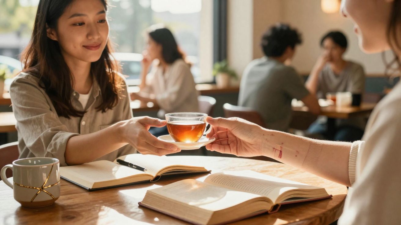 Duas pessoas trocando uma chávena de chá numa mesa com livros abertos num café iluminado.
