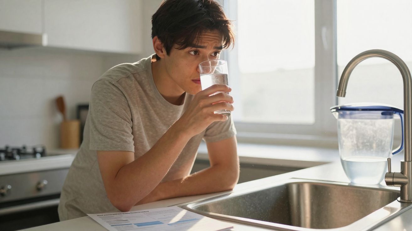 Homem jovem a beber água numa cozinha, junto a pia e jarro de água filtrada.