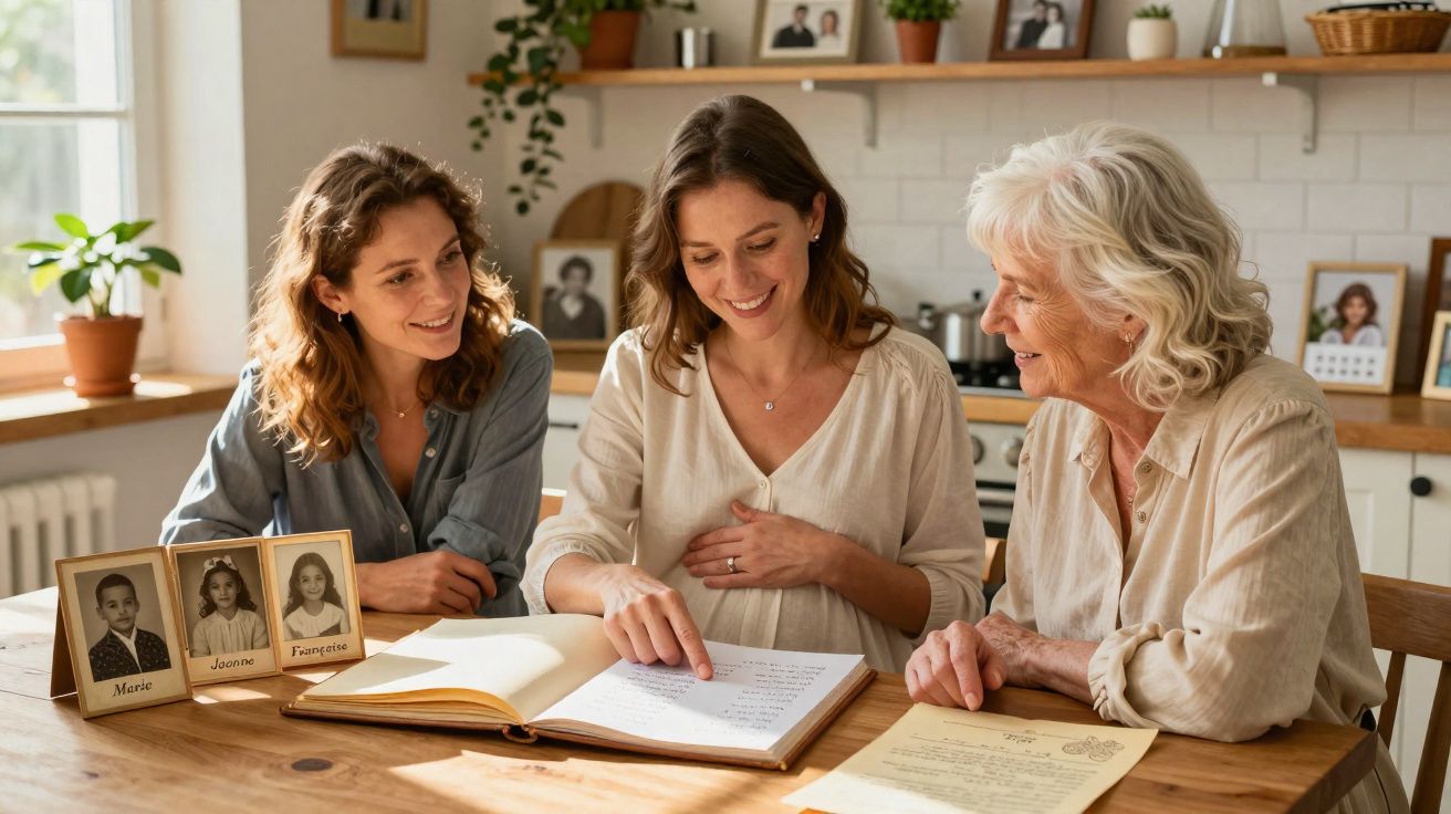 Três gerações de mulheres sentadas à mesa a olhar e sorrir para um álbum de fotografias familiares.