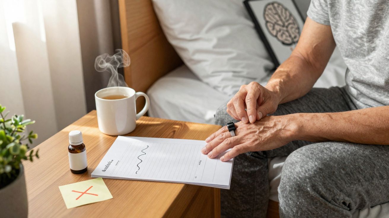 Pessoa sentada na cama com uma caneta, blocos de notas, chá quente e frasco de medicamento na mesa ao lado.