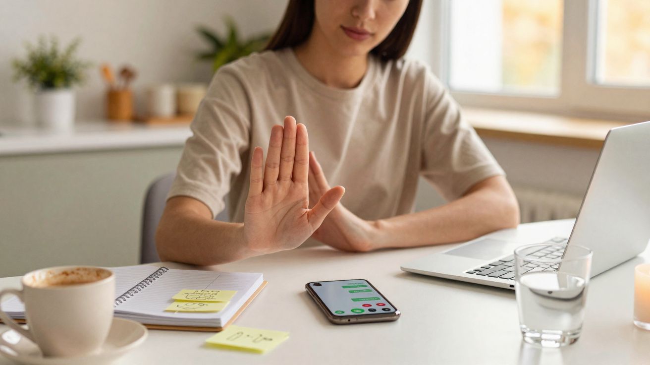 Mulher a fazer gesto de mão de paragem junto a telemóvel, computador portátil e caderno numa mesa.