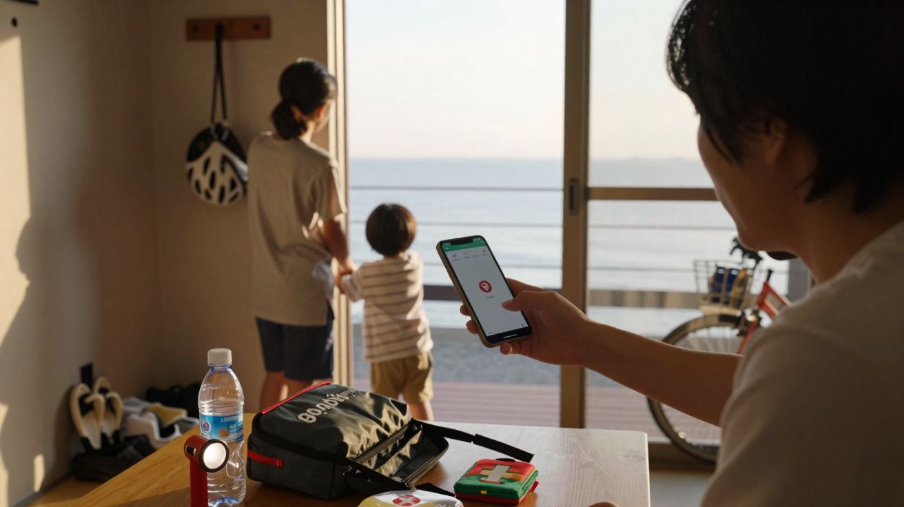 Pessoa segura telemóvel com aplicativo de emergência, enquanto duas crianças olham para o mar através de porta de vidro.