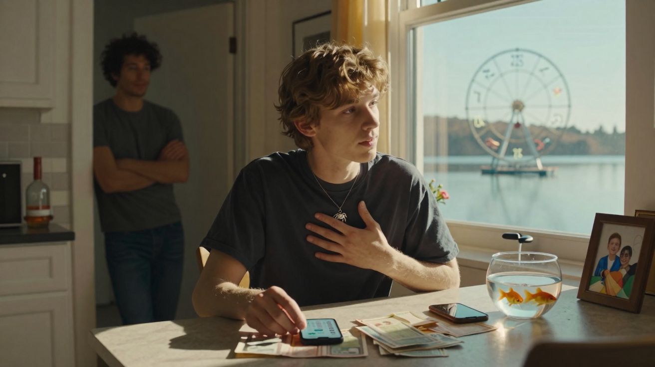 Jovem sentado à mesa com dinheiro e telemóveis, pessoa ao fundo e roda gigante visível pela janela.