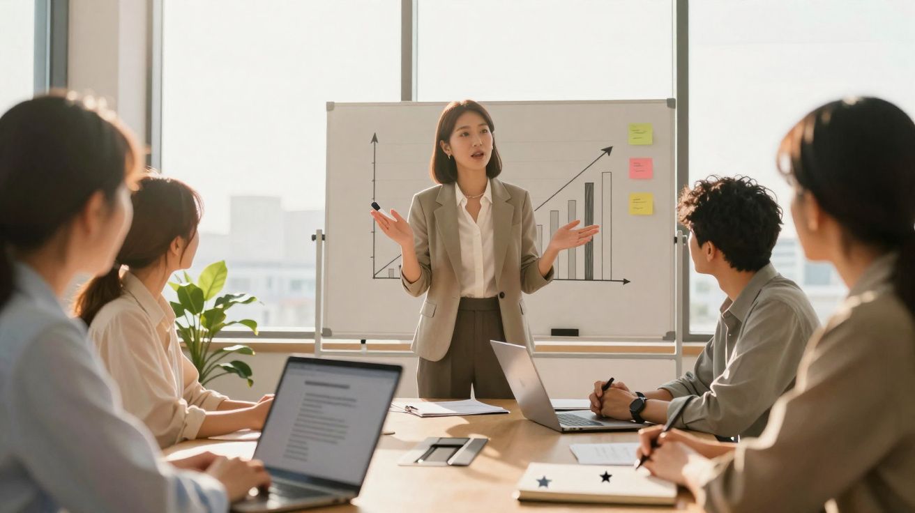 Mulher a apresentar gráfico de crescimento a quatro colegas numa reunião de escritório.