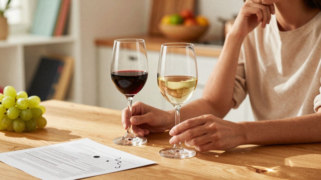 Pessoa segurando copos de vinho tinto e branco junto a uma mesa com documento e cachos de uvas.