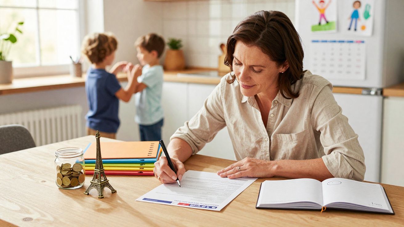 Mulher a preencher documentos à mesa com duas crianças a brincar ao fundo na cozinha.