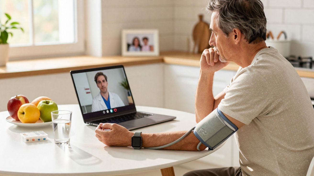 Homem a medir a pressão arterial em videochamada com médico, sentado à mesa com frutas e medicamentos.