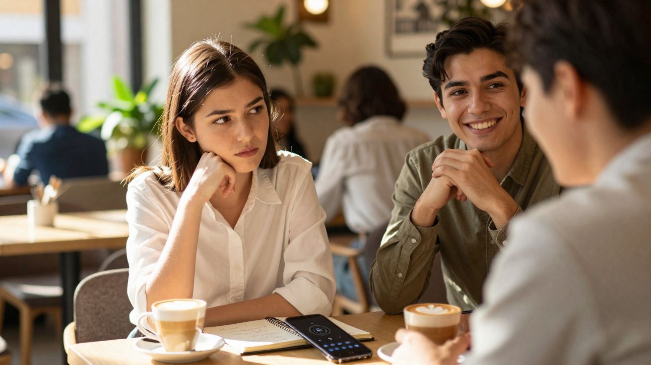 Três jovens sentados numa mesa de café, dois conversam sorrindo e uma rapariga parece pensativa.