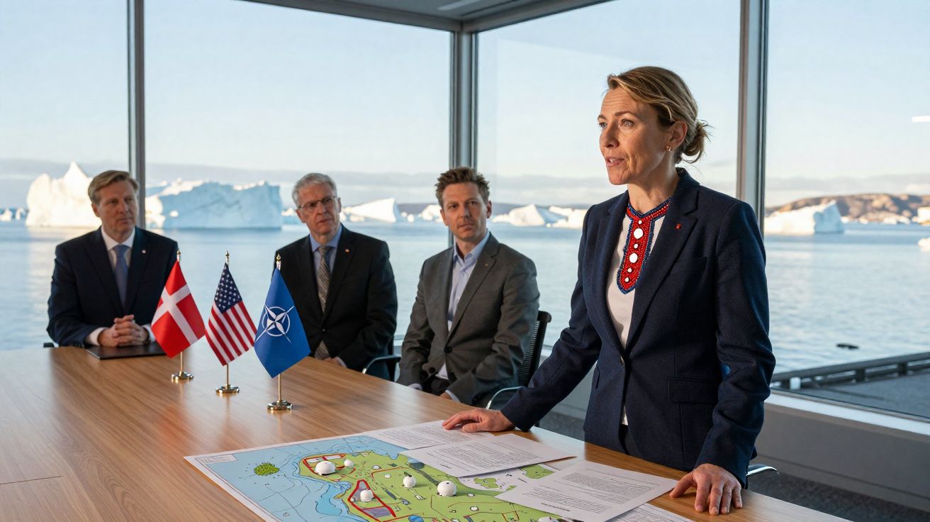 Reunião formal com bandeiras da Dinamarca, EUA e NATO, com icebergues visíveis através da janela.