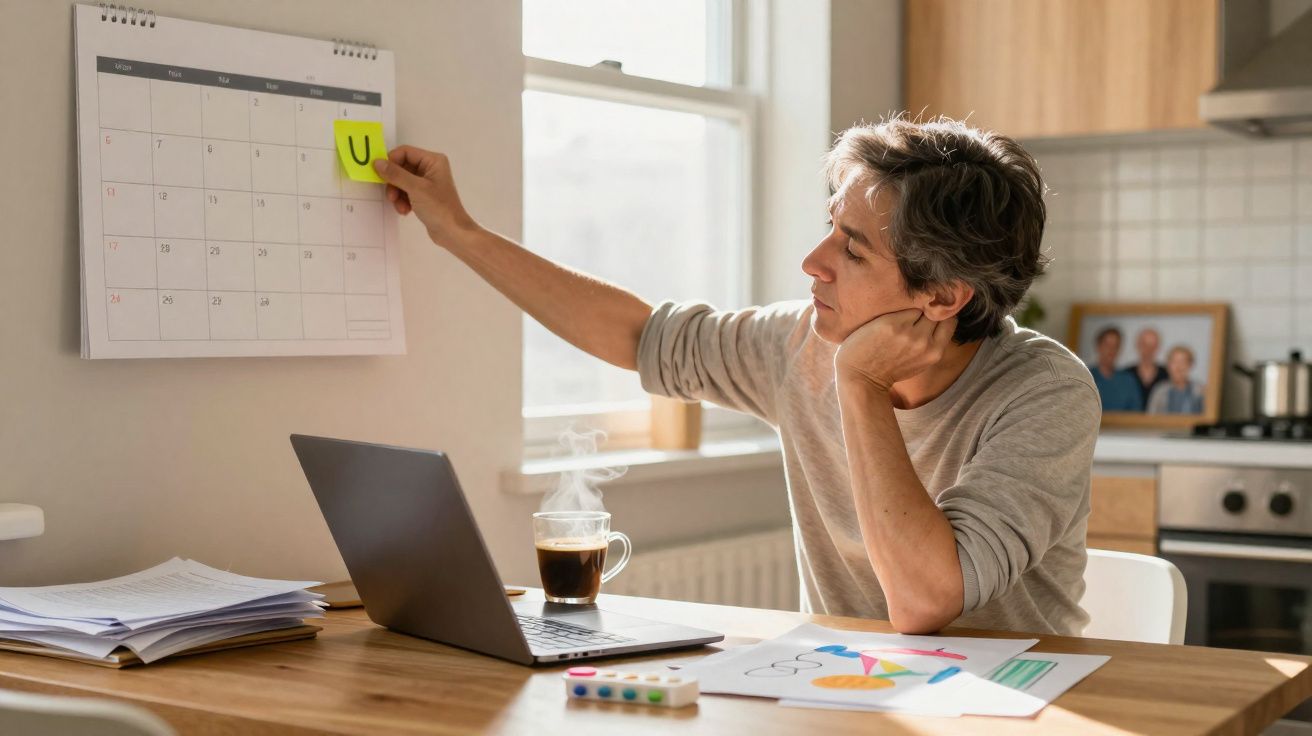 Pessoa sentada numa cozinha a colocar um post-it num calendário ao lado de um computador portátil e papéis.