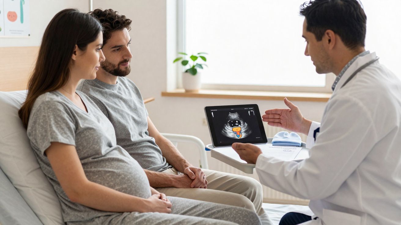 Mulher grávida e parceiro consultam médico que mostra ecografia num tablet numa clínica.