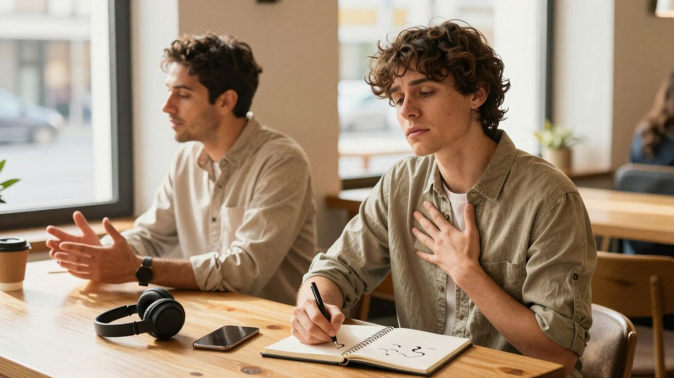 Dois homens sentados numa mesa, um escreve num caderno enquanto o outro olha para o lado numa cafeteria.