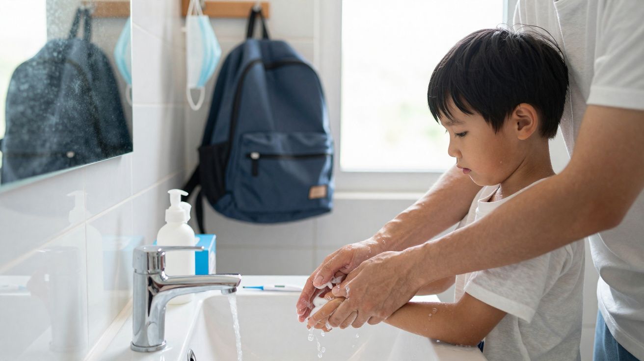 Criança a lavar as mãos com a ajuda de um adulto junto a uma pia num banheiro iluminado.