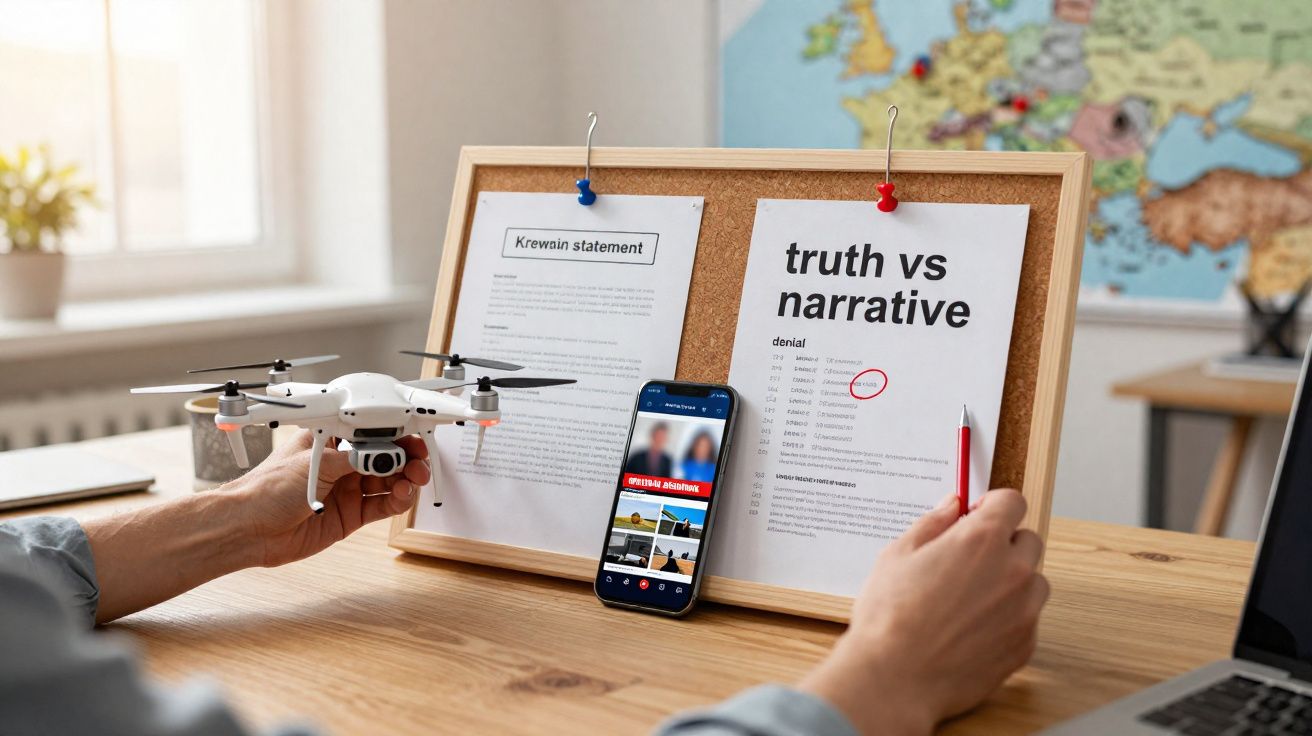 Pessoa segura drone e caneta à frente de quadro com documentos “Krewain statement” e “truth vs narrative” numa secretária.