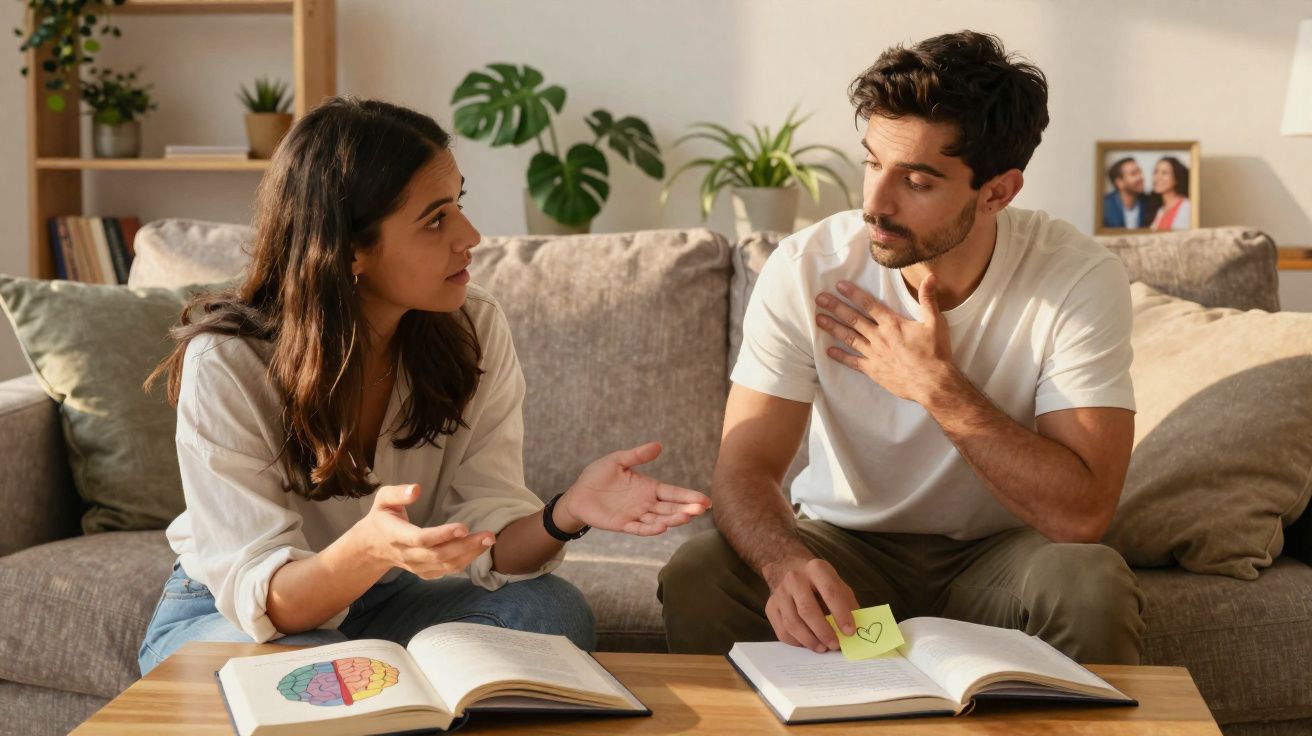 Casal sentado no sofá a discutir enquanto estudam com livros abertos na mesa à frente.