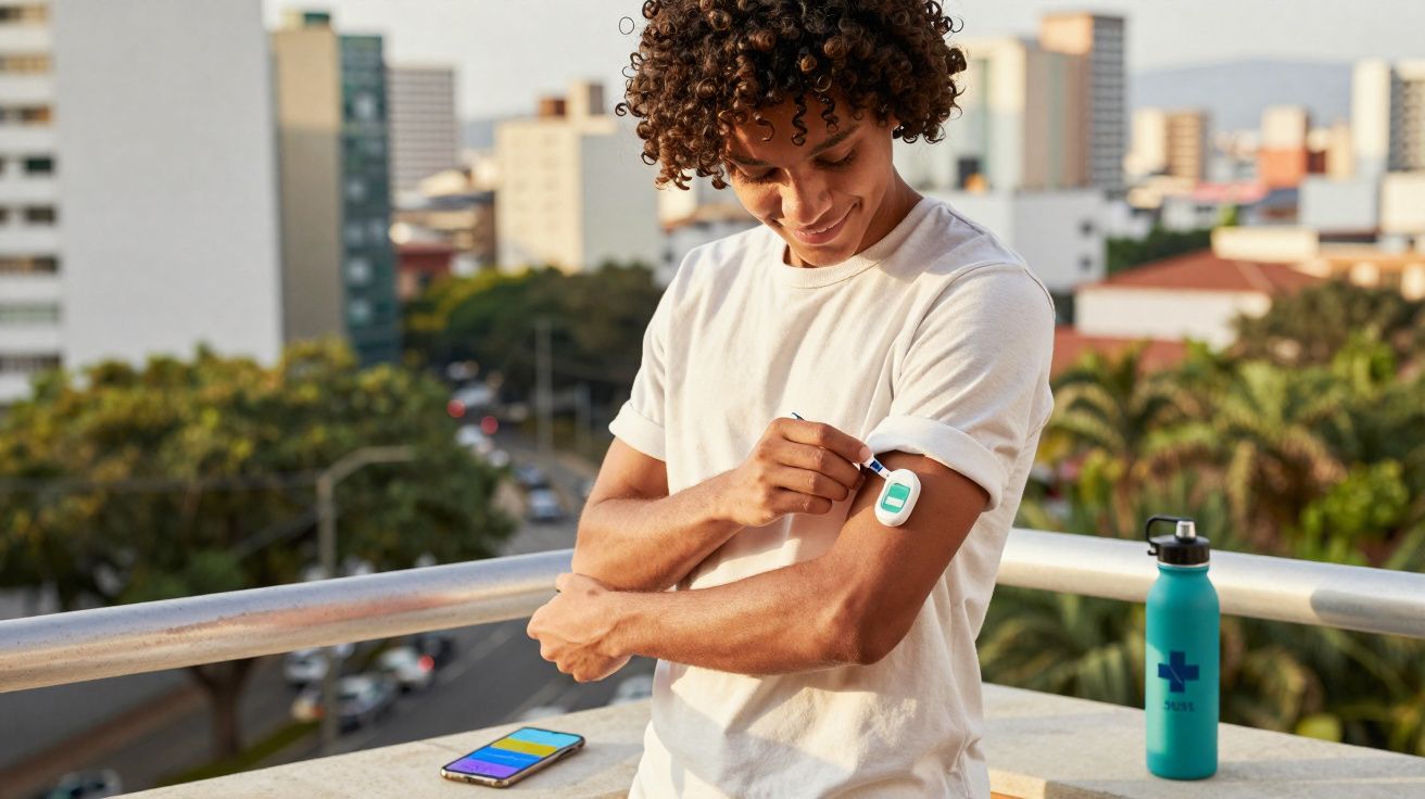 Homem jovem a usar dispositivo médico no braço numa varanda com vista para a cidade.