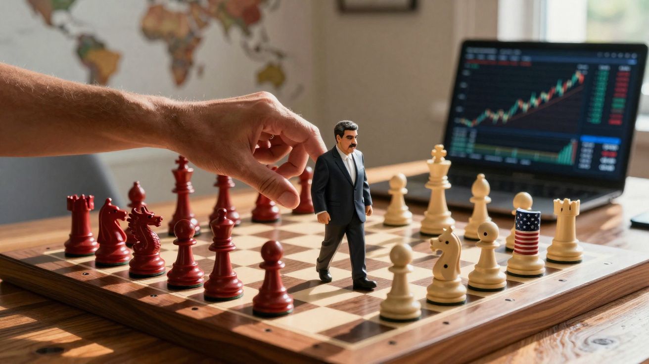 Tabuleiro de xadrez com peças vermelhas e brancas, figura humana e monitor com gráficos financeiros ao fundo.