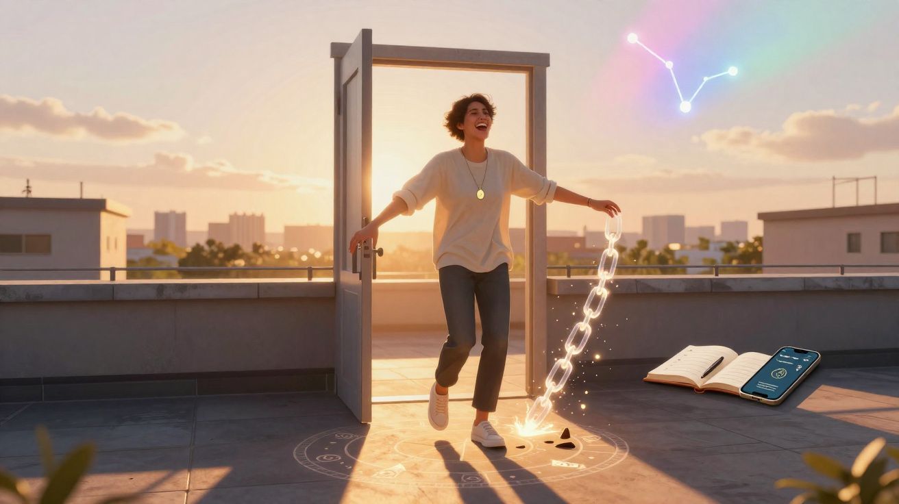 Pessoa feliz a romper correntes mágicas num terraço ao pôr do sol com livro e smartphone ao lado.