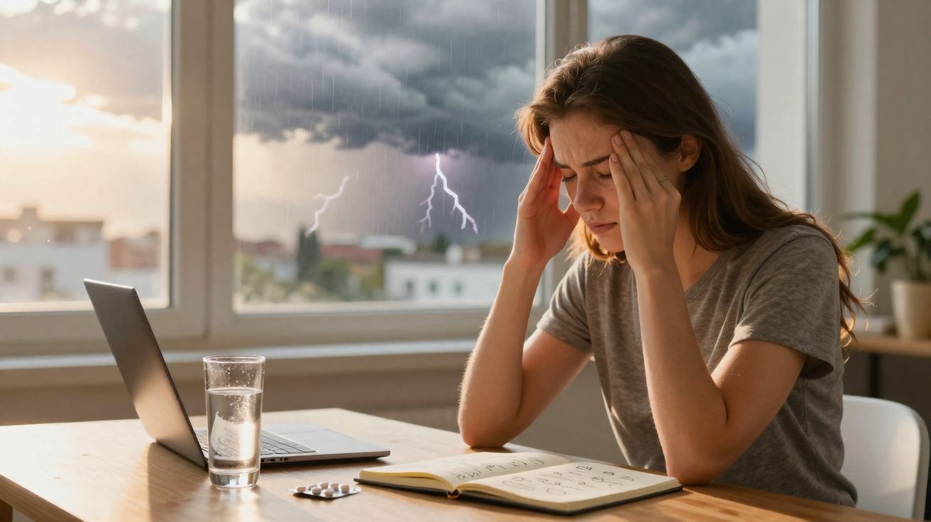 Mulher com expressão de dor de cabeça sentada à mesa, com laptop, janela chuva e relâmpagos ao fundo.