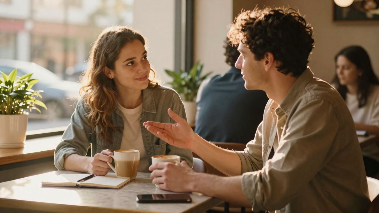 Dois jovens conversam numa cafetaria, cada um com uma chávena de café, perto de uma janela com plantas.