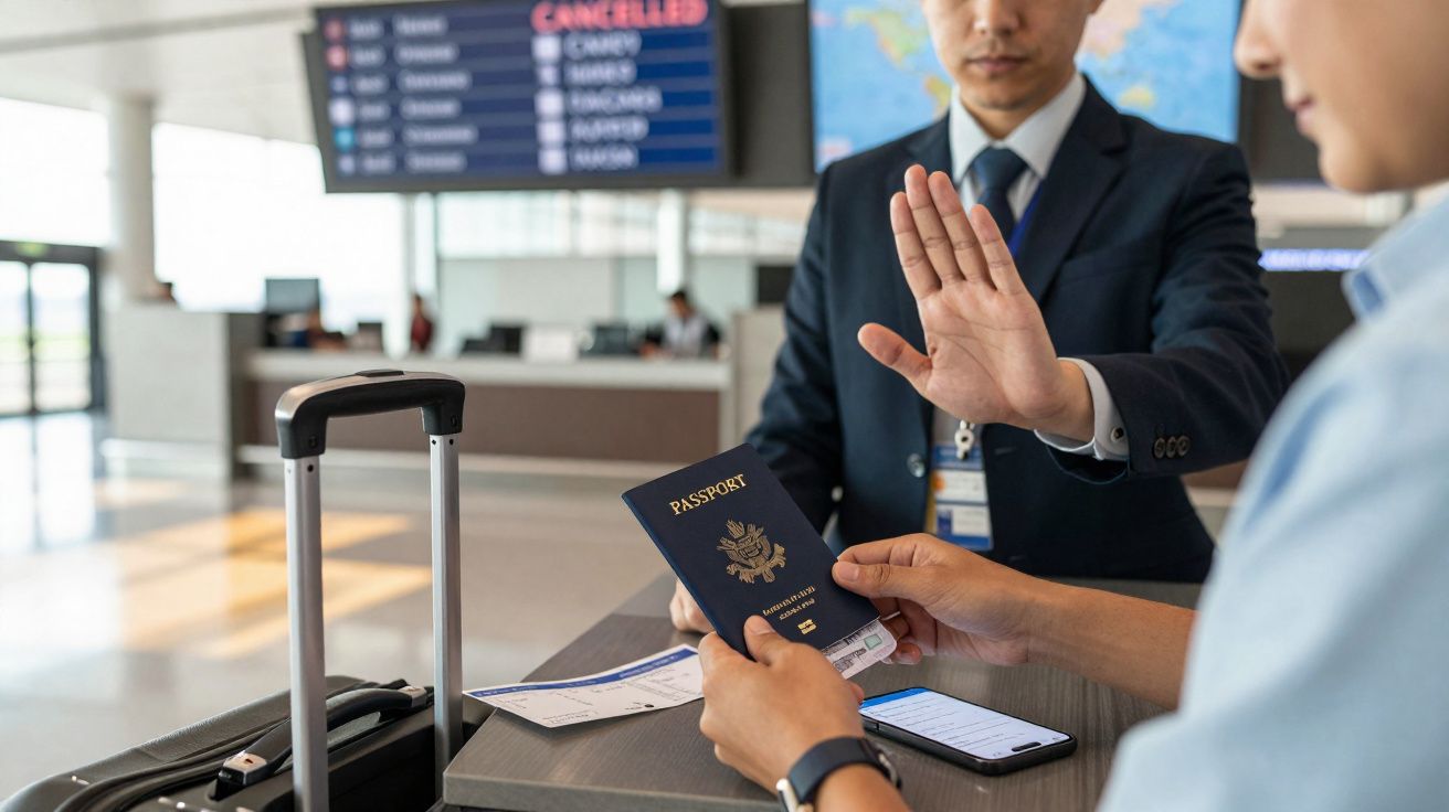 Funcionário de aeroporto recusa passagem a passageiro que mostra passaporte e bilhete.