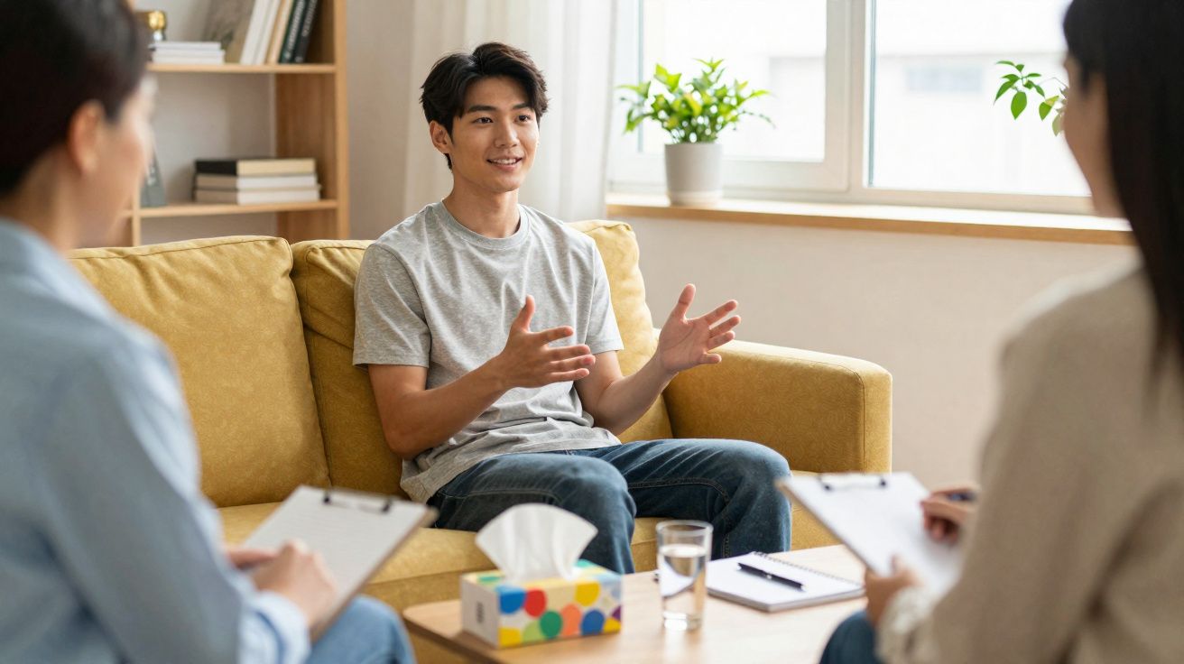 Jovem sentado no sofá a conversar com duas pessoas que tomam notas em cadernos.