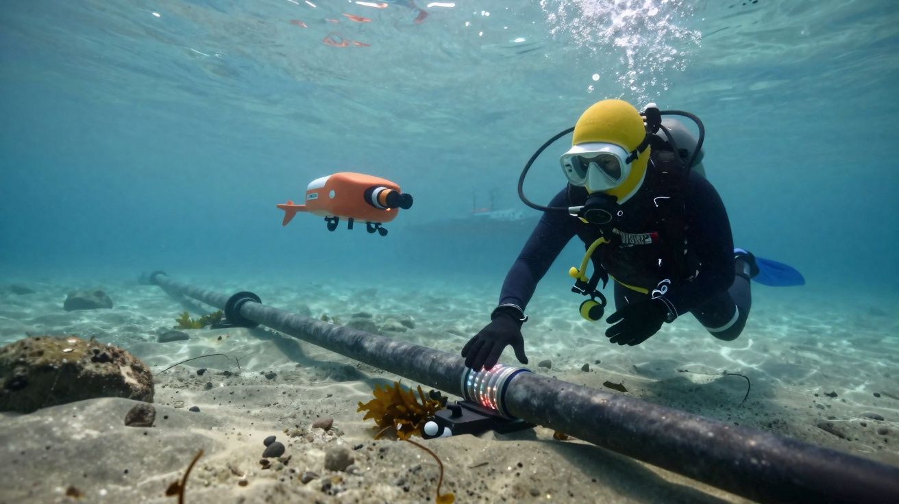 Mergulhador inspeciona tubo submarino com robô laranja a flutuar perto, fundo marinho visível.